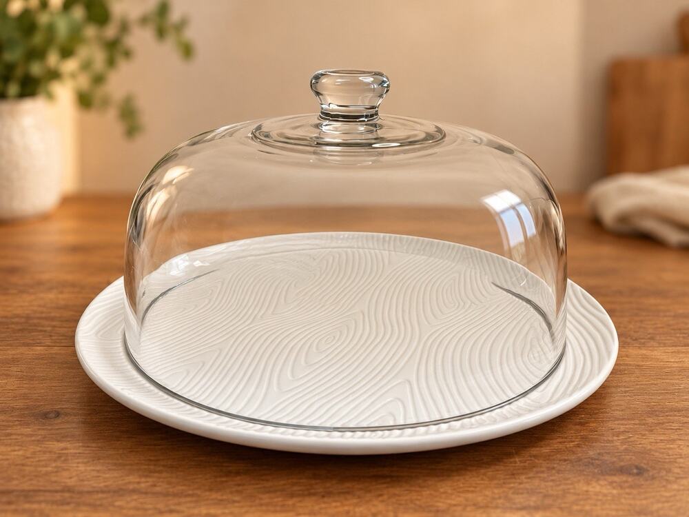 Temp-tations by Tara Woodland White 12” Ceramic Platter Glass Dome Cake Server